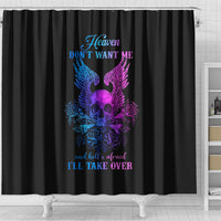 Black shower curtain with winged skull graphic, roses, and blue/purple text