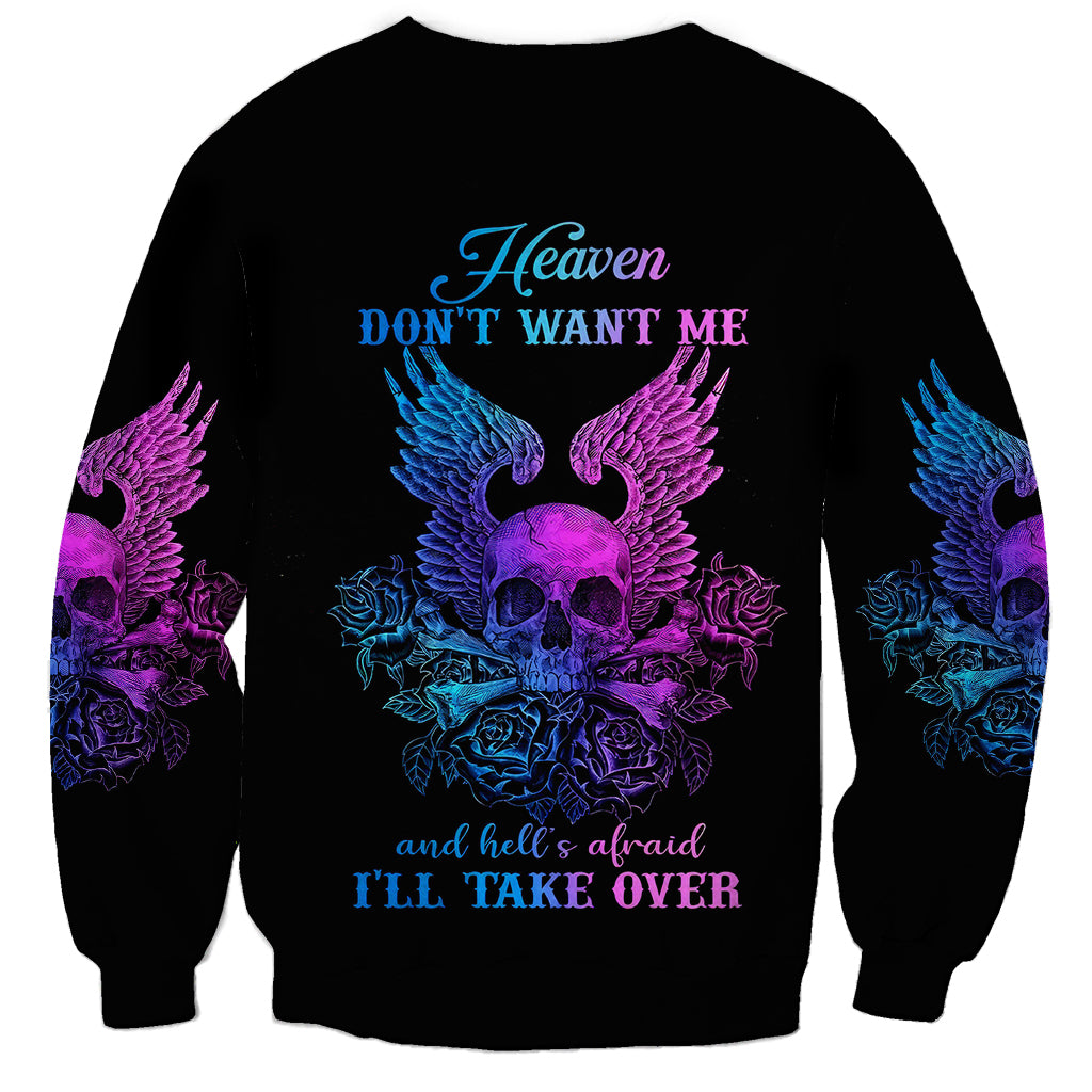 Black unisex sweatshirt with purple and blue skull-and-wings graphic on front