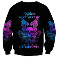 Black unisex sweatshirt with purple and blue skull-and-wings graphic on front