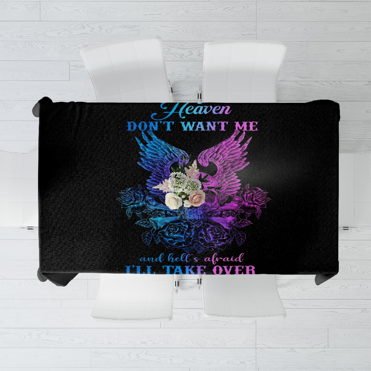Black rectangular tablecloth featuring a colorful winged skull print with blue and purple text