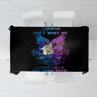 Black rectangular tablecloth featuring a colorful winged skull print with blue and purple text