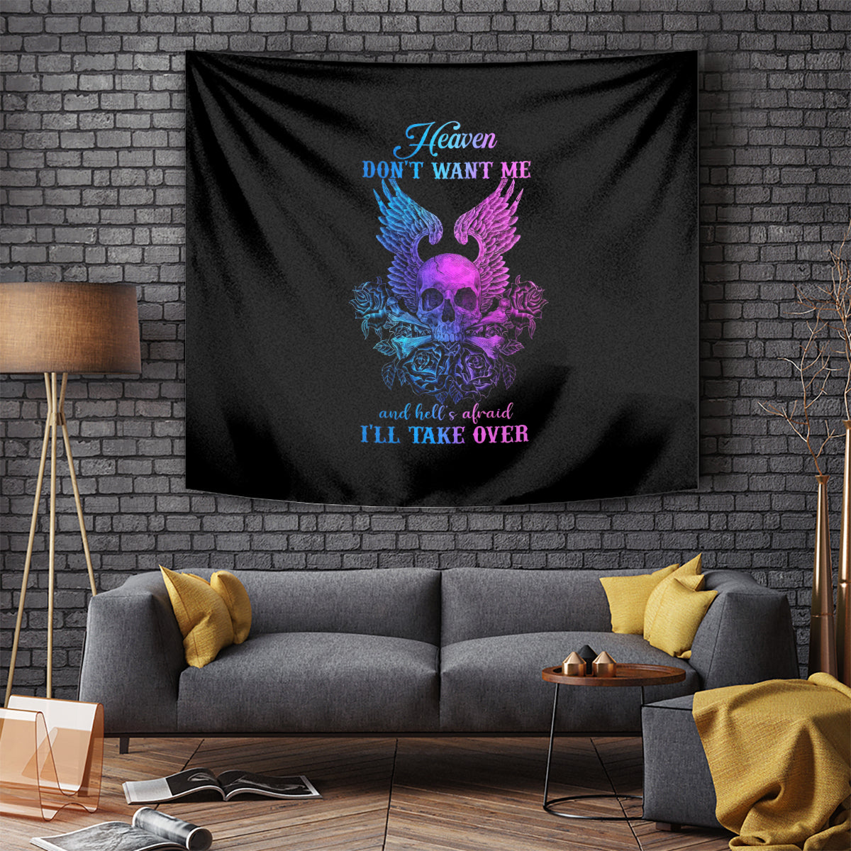 Hanging black tapestry with skull, winged roses in blue/purple, and 'I'll take over'