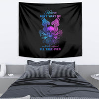 Black tapestry with skull, blue/purple wings and roses, and 'I'll take over' text