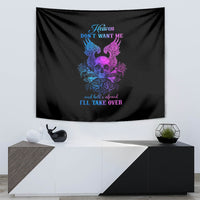 Black wall tapestry with central skull, blue/purple wings, and 'I'll take over' text