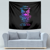 Black tapestry featuring skull with winged roses in blue and purple, 'Heaven' text