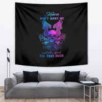 Black tapestry with skull and winged roses in blue/purple and 'I'll take over' wording