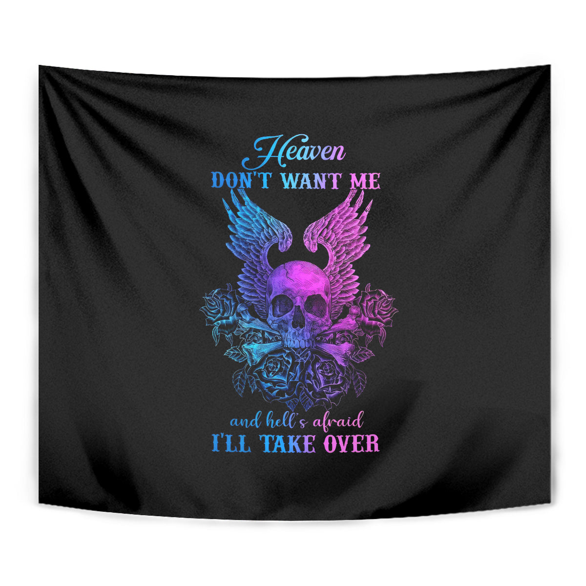 Black skull tapestry with vivid blue/purple wings and 'DON'T WANT ME' text