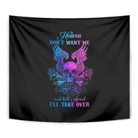 Black skull tapestry with vivid blue/purple wings and 'DON'T WANT ME' text