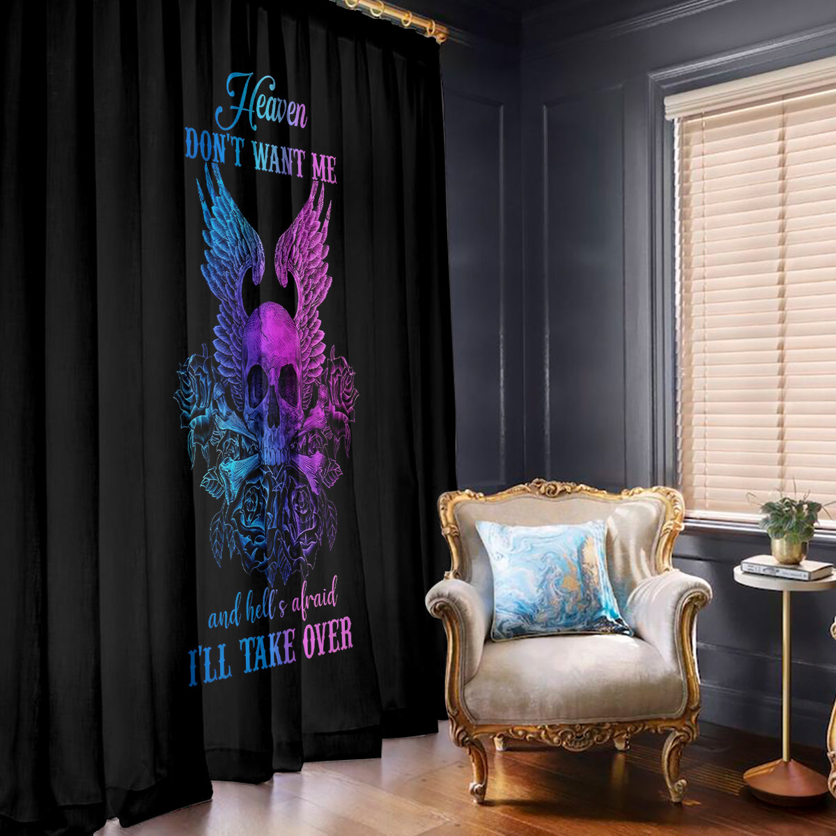 Black window curtain with vertical blue and purple winged skull design and text