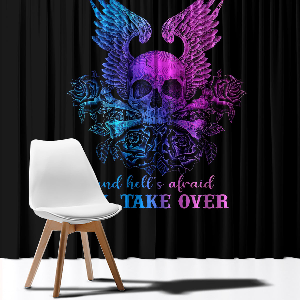 Black window curtain panel with blue and purple winged skull graphic and lettering
