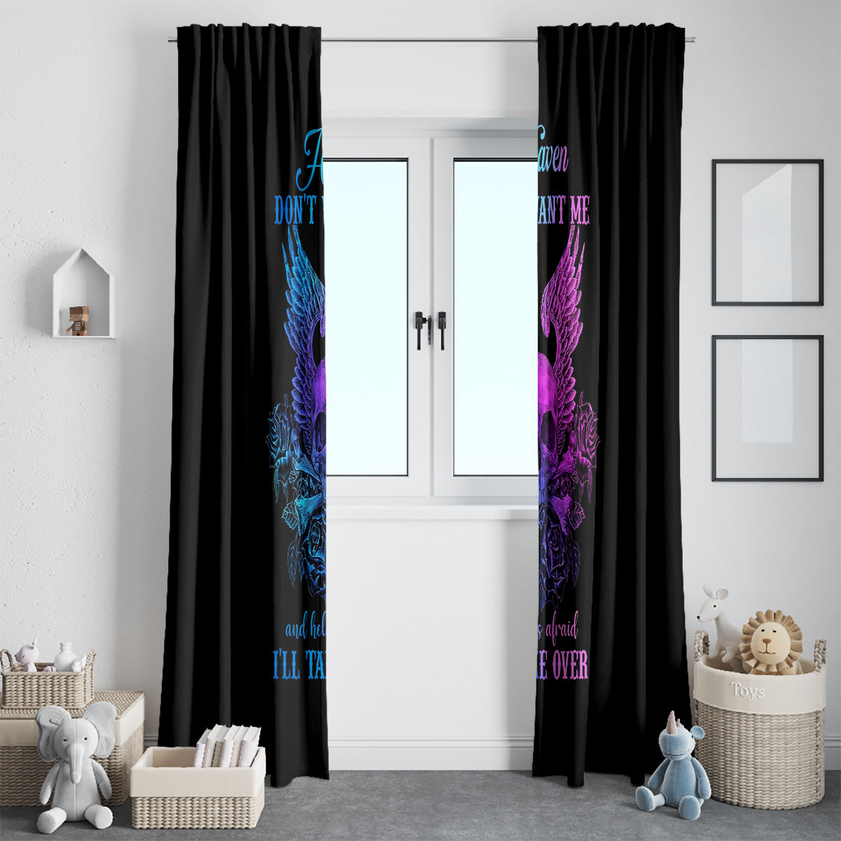 Black curtain panels with blue and purple winged skull artwork on front doors