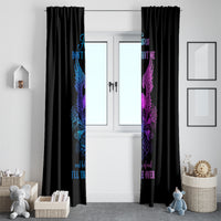 Black curtain panels with blue and purple winged skull artwork on front doors