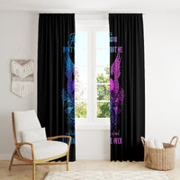 Black curtain panels with blue and purple winged skull print and decorative wing edges