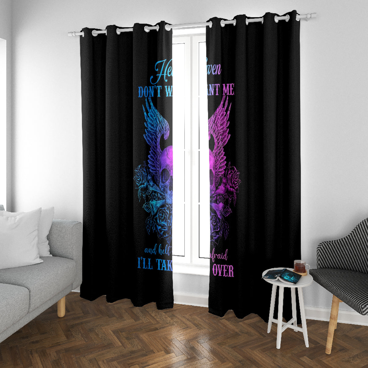 Black window curtains with blue and purple winged skull print and central text