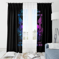 Black curtain panels framing sheer center with blue and purple winged skull artwork
