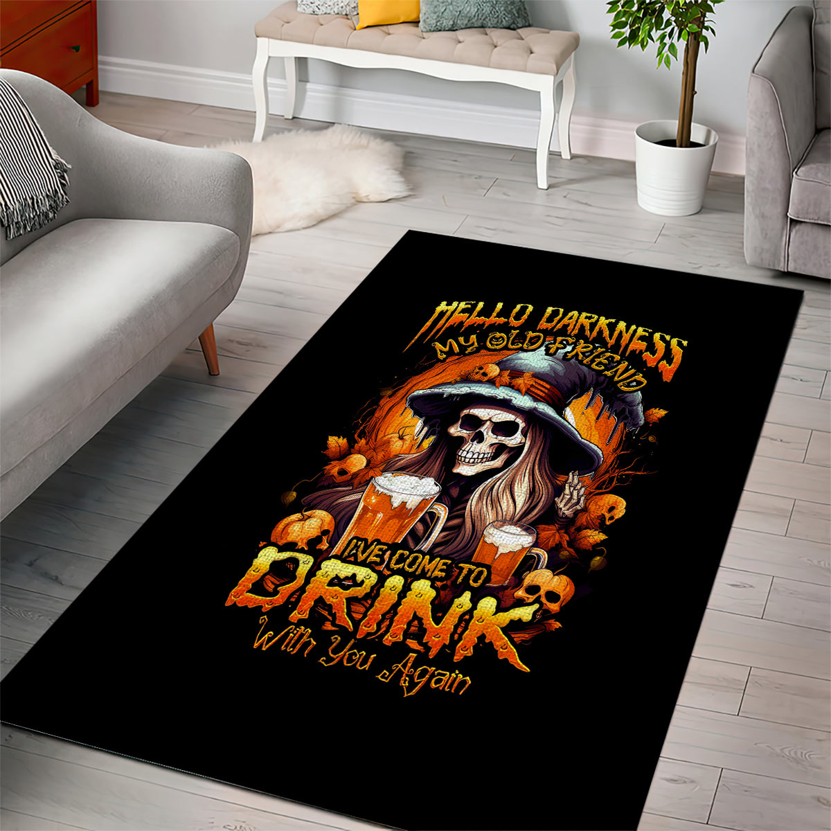 Black area rug with skull and witch graphic and decorative “Hello Darkness” text
