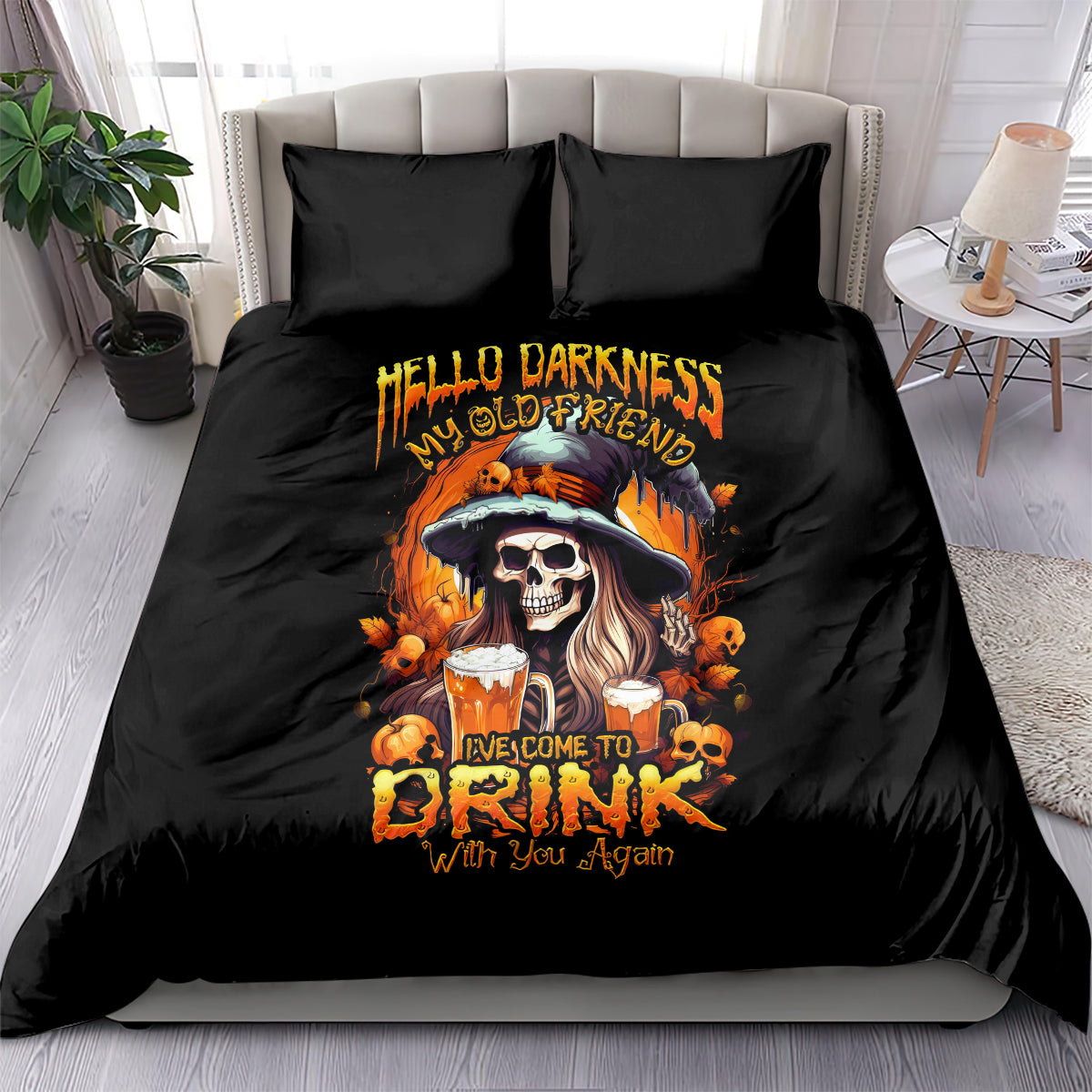 Witch Skull Bedding Set Hello Darkness My Old Friend I Come To Drink With You - Wonder Print Shop