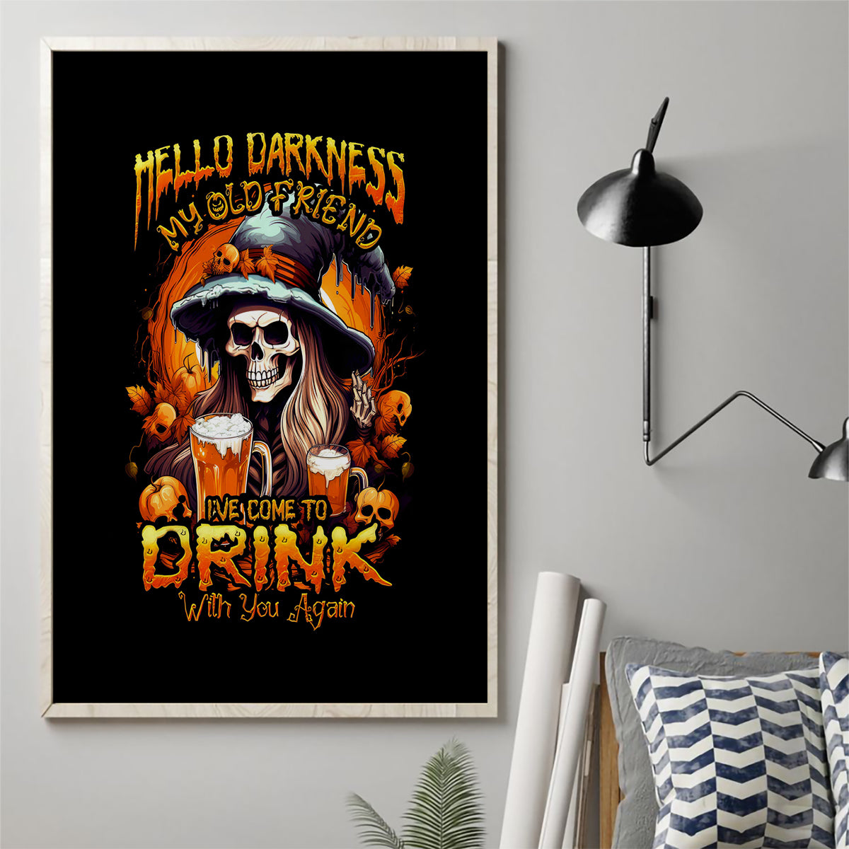 Framed witch skull canvas wall art with orange flames, witch hat and two drinks