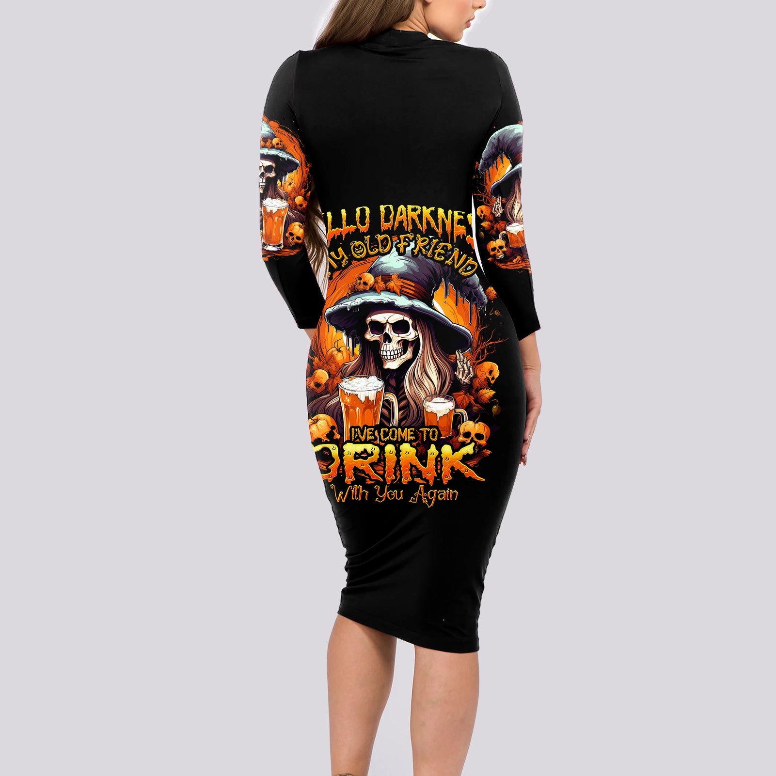 Witch Skull Long Sleeve Bodycon Dress Hello Darkness My Old Friend I Come To Drink With You - Wonder Print Shop