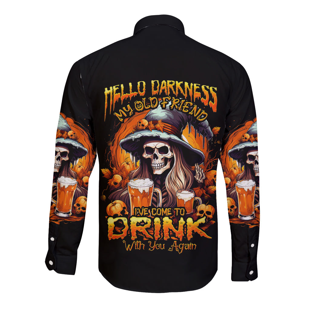 Witch Skull Long Sleeve Button Shirt Hello Darkness My Old Friend I Come To Drink With You - Wonder Print Shop