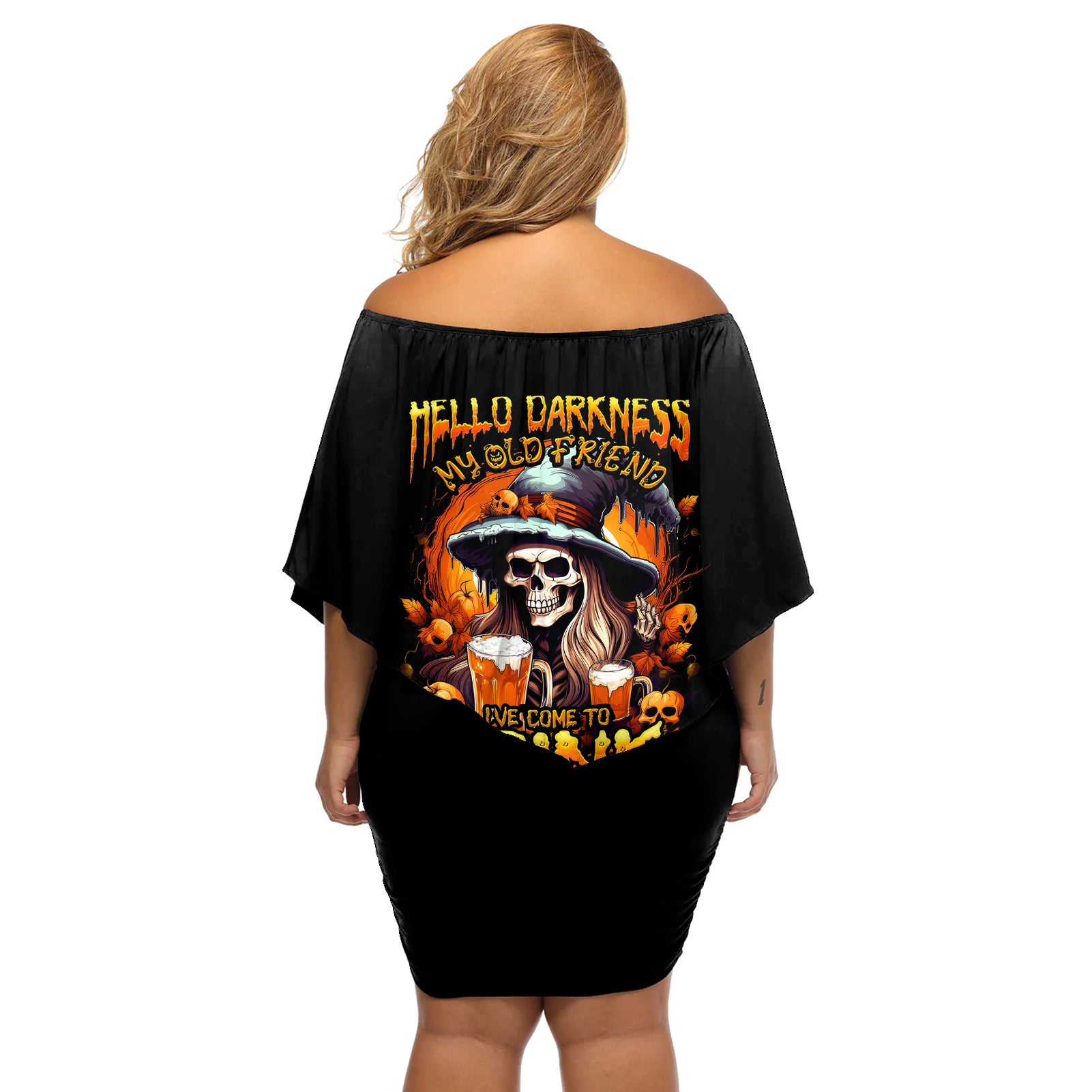 Witch Skull Off Shoulder Short Dress Hello Darkness My Old Friend I Come To Drink With You - Wonder Print Shop