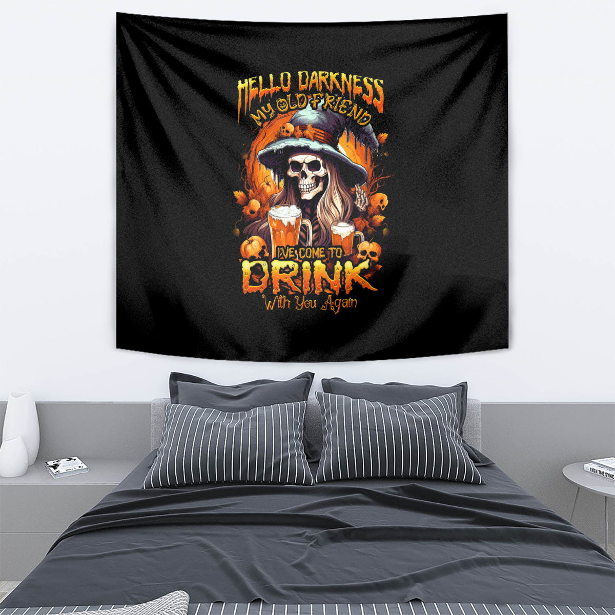 Black witch skull tapestry with orange skull, hat, and 'Hello Darkness' print