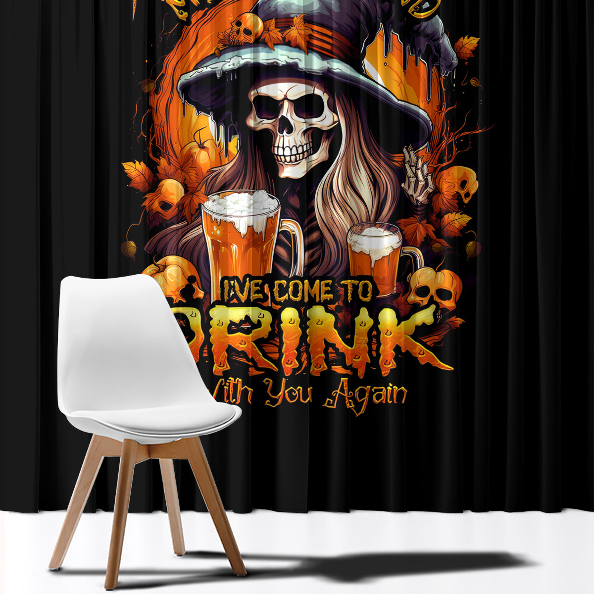 Black witch skull window curtain with orange flame and cauldron graphic, two panels