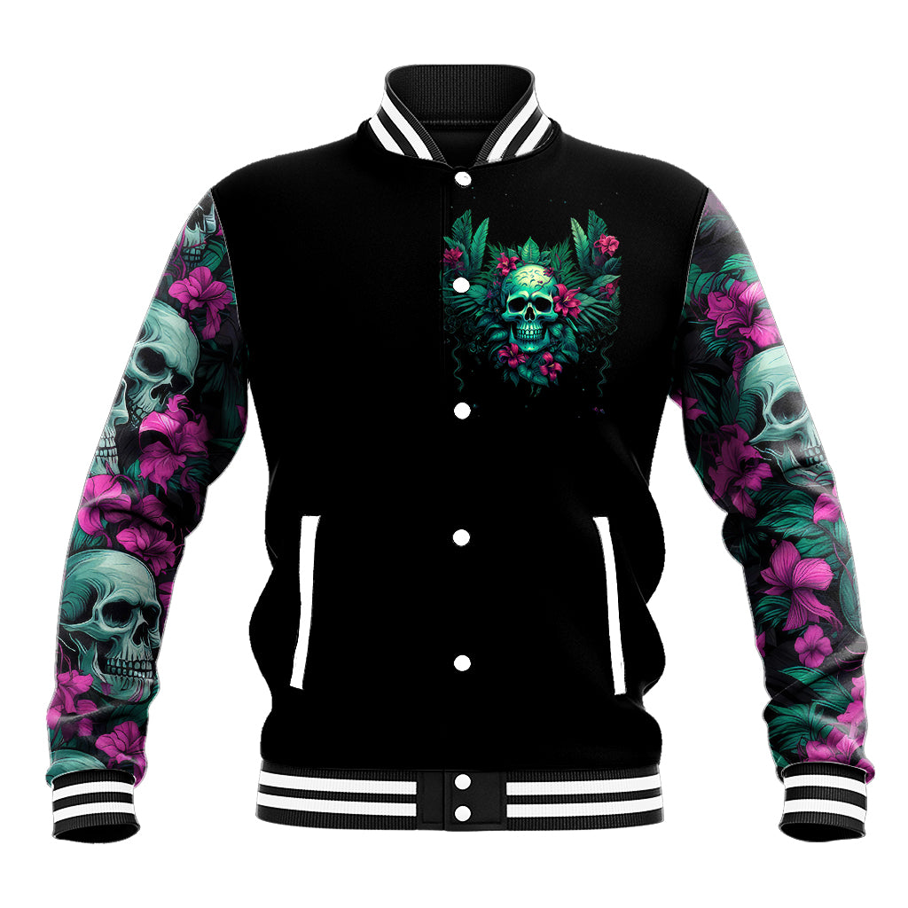 Black baseball jacket, snap front, skull floral graphic, striped ribbed collar and cuffs