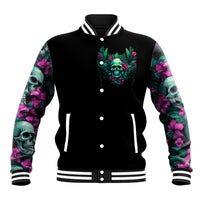 Black baseball jacket, snap front, skull floral graphic, striped ribbed collar and cuffs