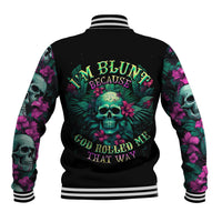 Black baseball jacket, ribbed varsity collar and cuffs, skull floral graphic on back
