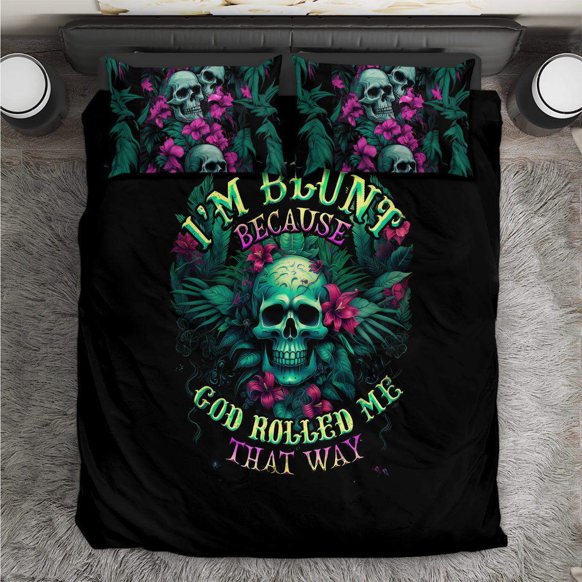 Black duvet and pillowcases with teal skull artwork and purple floral tropical accents