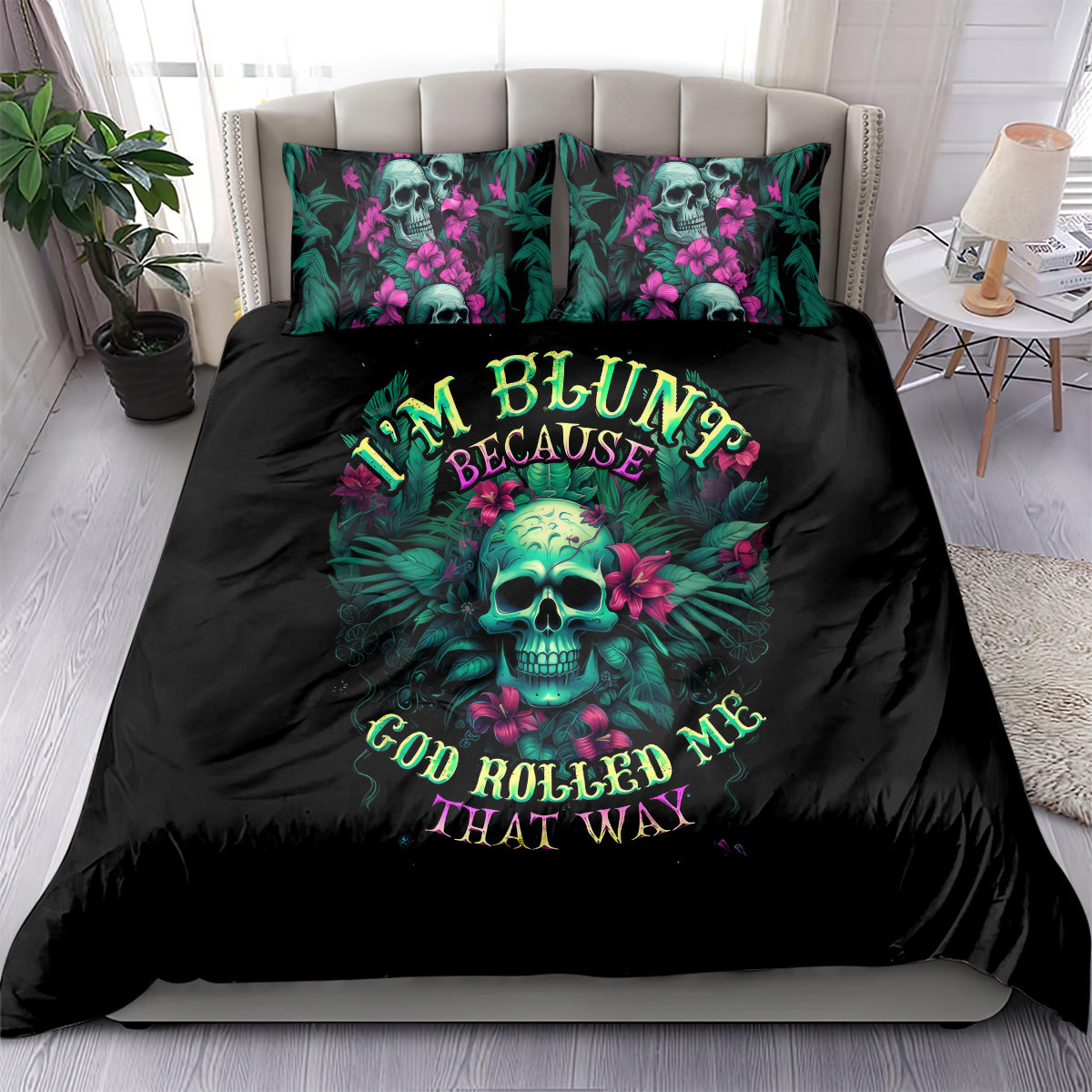 Black tropical skull bedding set with colorful text and floral pattern on duvet and pillowcases