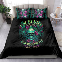 Black tropical skull bedding set with colorful text and floral pattern on duvet and pillowcases