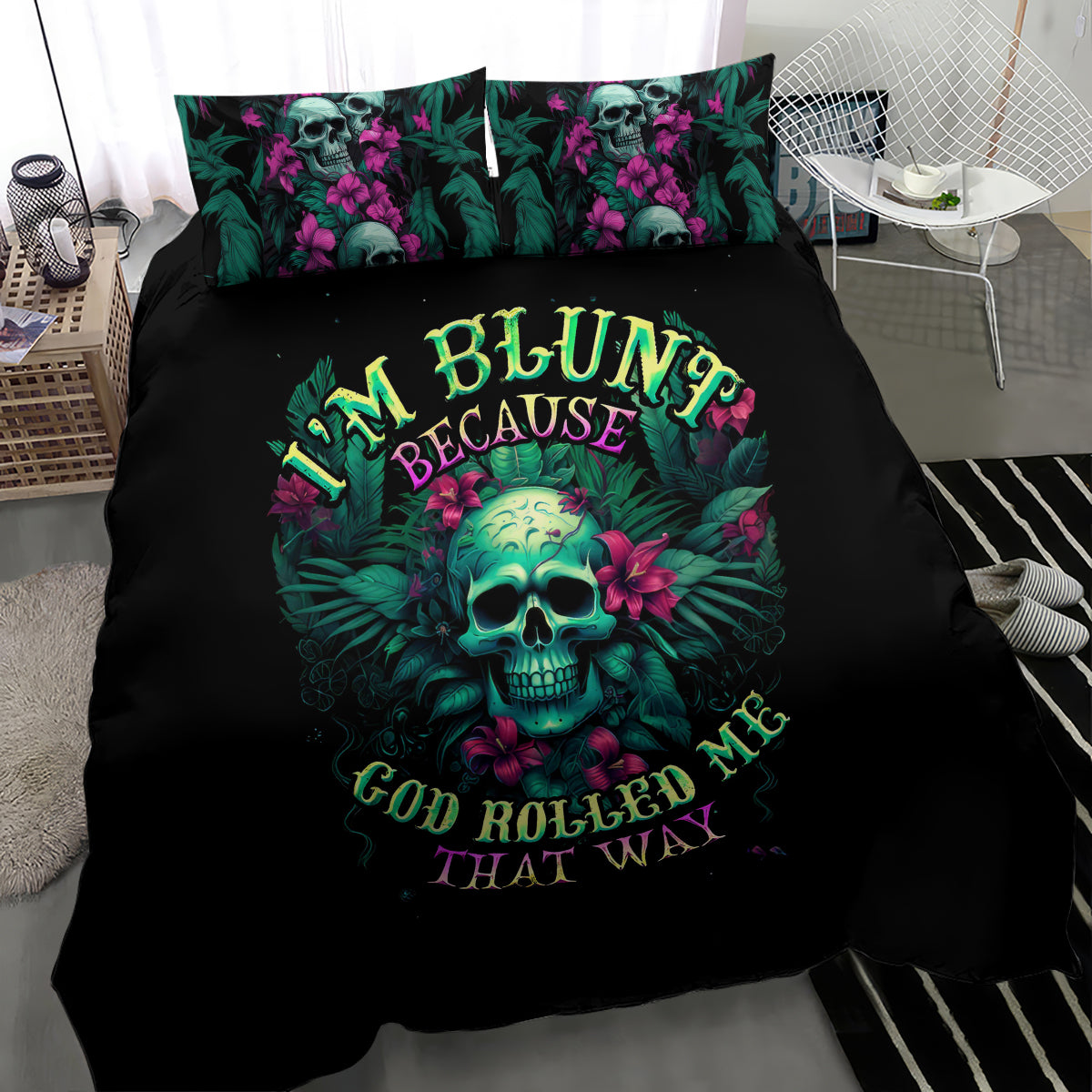 Black bedding set featuring teal skull graphic and bright green and magenta lettering