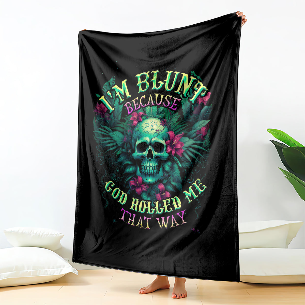 Black skull throw blanket with colorful “I’m blunt…” text, hanging upright