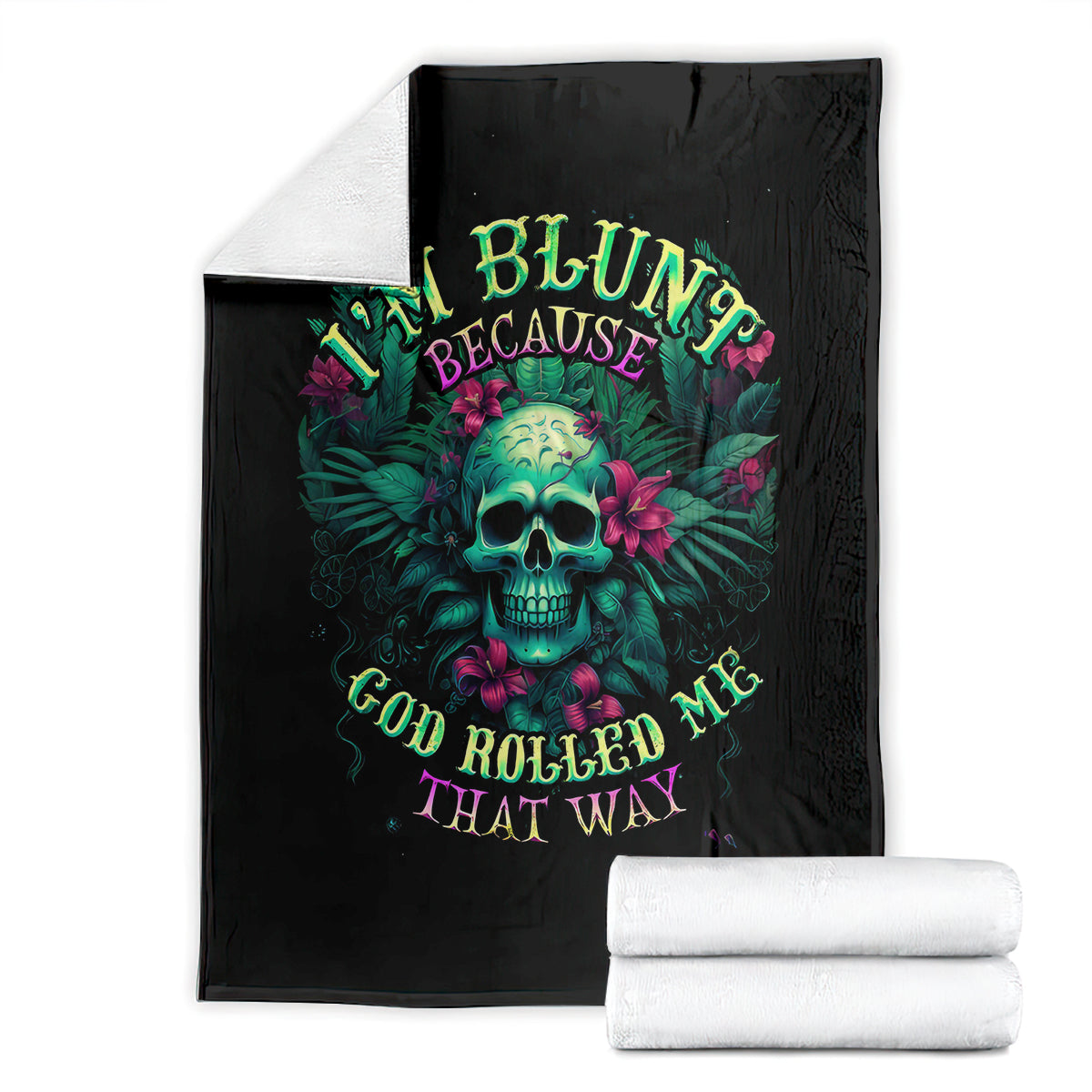 Black skull graphic blanket with colorful “I’m blunt…” text, stacked with white towels