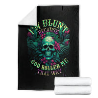 Black skull graphic blanket with colorful “I’m blunt…” text, stacked with white towels