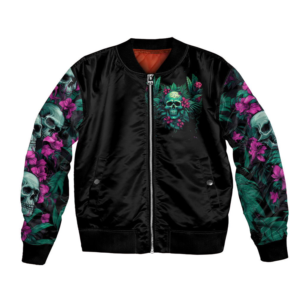 Unisex black bomber jacket with front tropical skull floral patch, zip-up