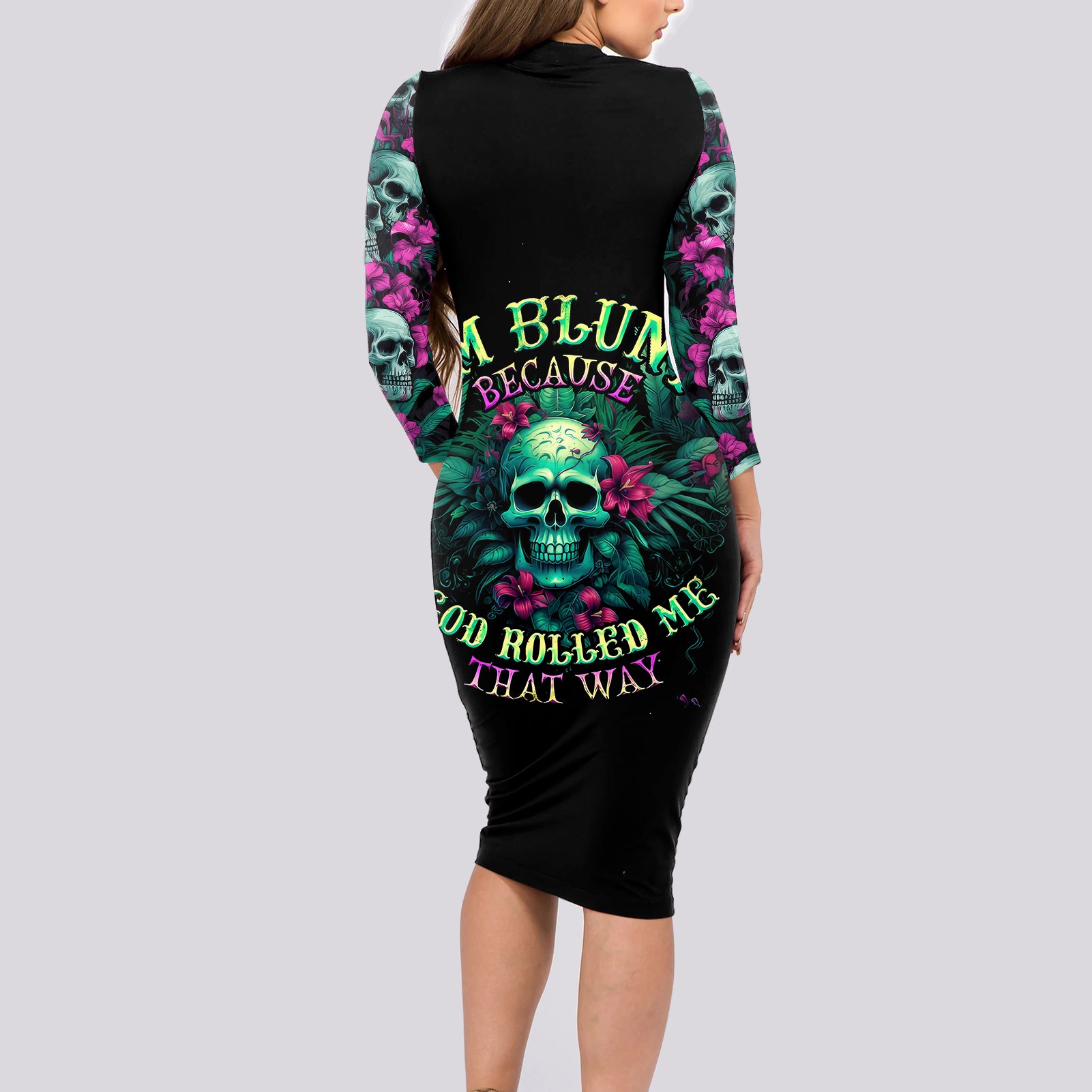 Tropical Skull Long Sleeve Bodycon Dress I'm Blunt Because God Rolled Me That Way - Wonder Print Shop