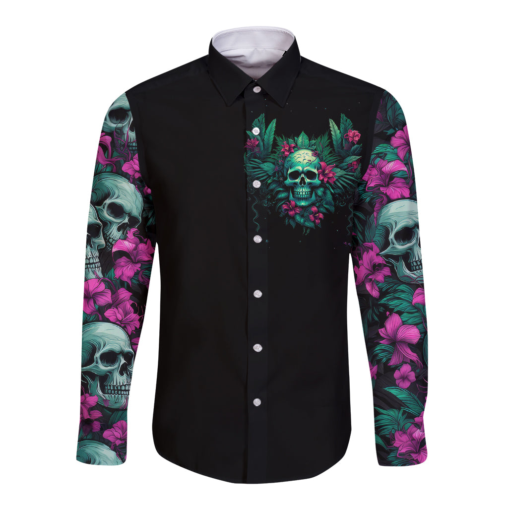 Black long sleeve button shirt with front skull floral print and tropical sleeve art