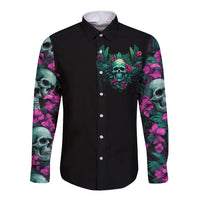 Black long sleeve button shirt with front skull floral print and tropical sleeve art