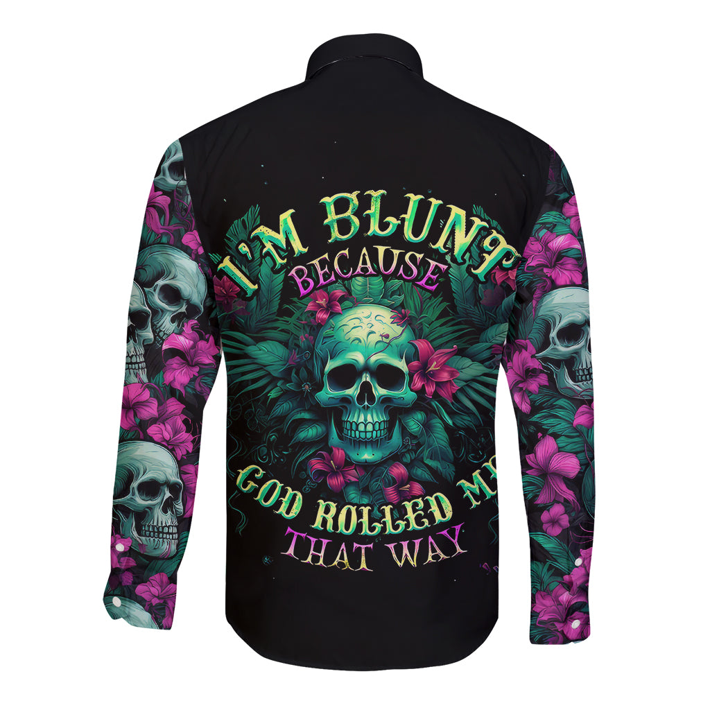 Black long sleeve button shirt with skull-and-floral back graphic and slogan