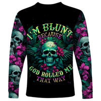 Black long-sleeve shirt with tropical skull graphic and bold lettering on front