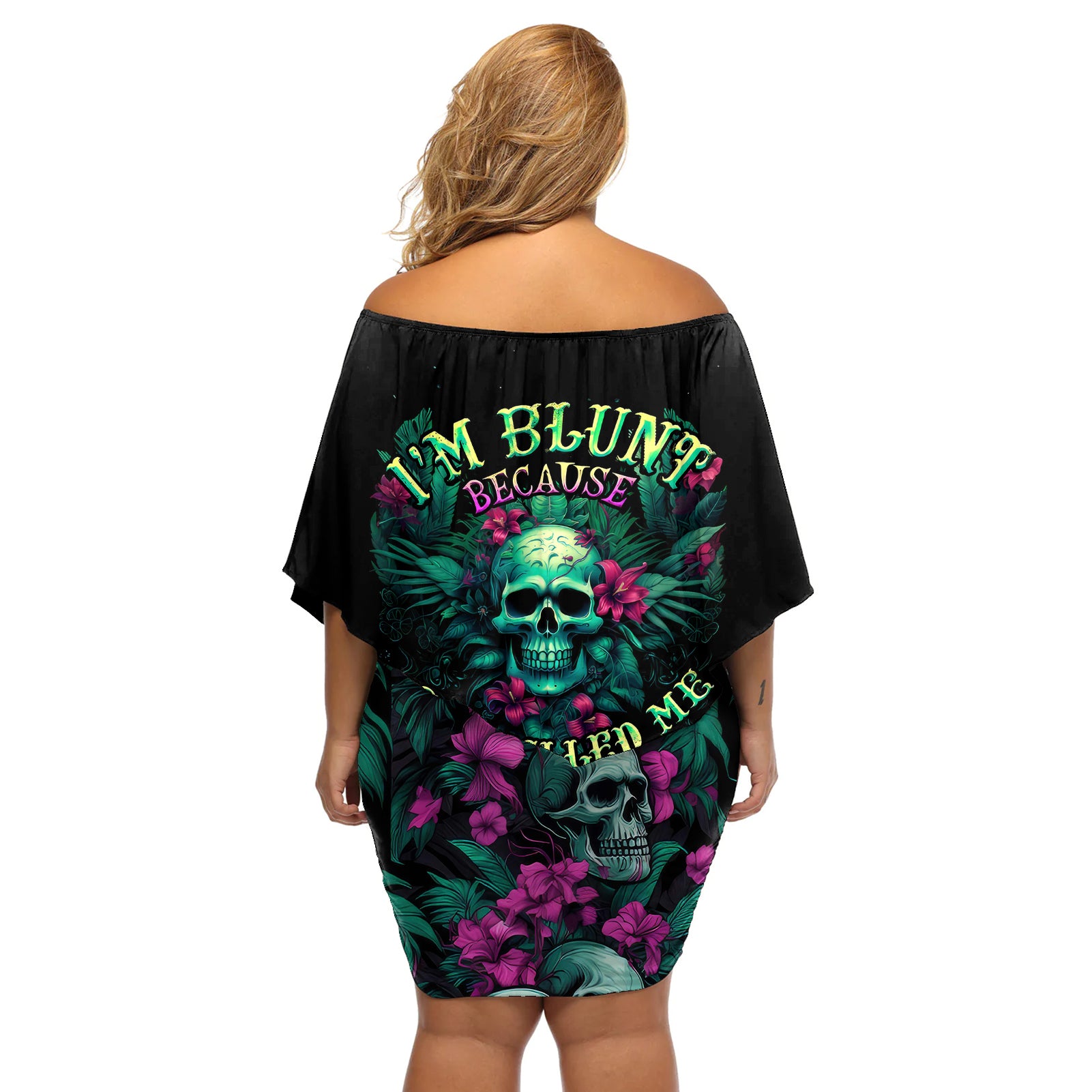 Tropical Skull Off Shoulder Short Dress I'm Blunt Because God Rolled Me That Way - Wonder Print Shop