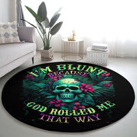 Black round skull area rug with neon tropical plants and 'GOD ROLLED ME THAT WAY' phrase