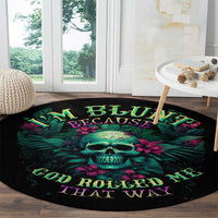 Black round skull rug with neon green skull and 'GOD ROLLED ME THAT WAY' text