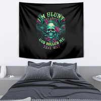 Black wall tapestry with teal skull, pink flowers, and arched colorful text