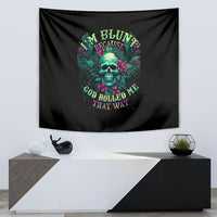 Black skull tapestry with teal face art and colorful tropical flower lettering