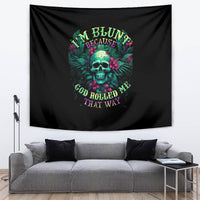 Black wall hanging tapestry with teal skull center and tropical floral lettering
