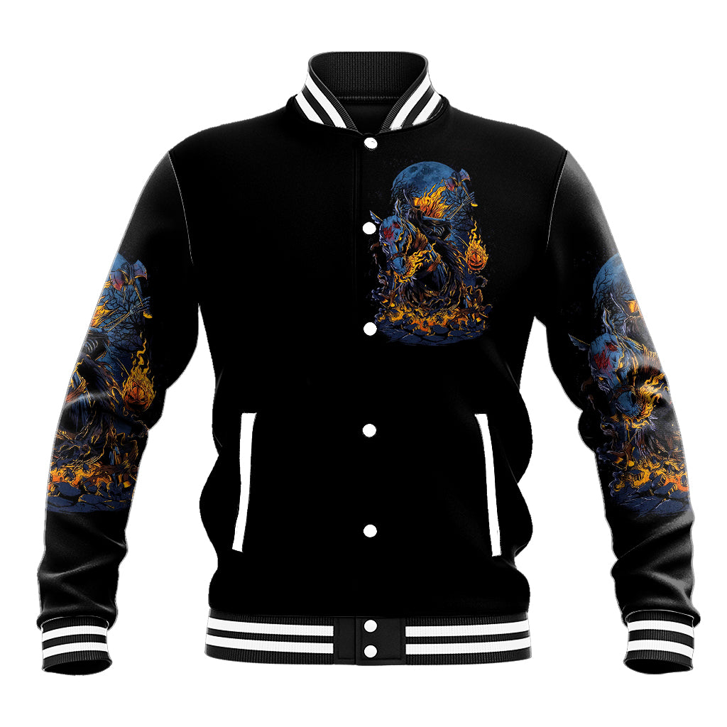 Black unisex varsity baseball jacket with striped rib collar and flaming skull chest print